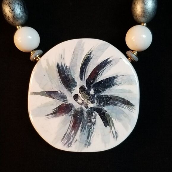 Silver and White Clay Pendant Handmade Necklace - Picture 2 of 6